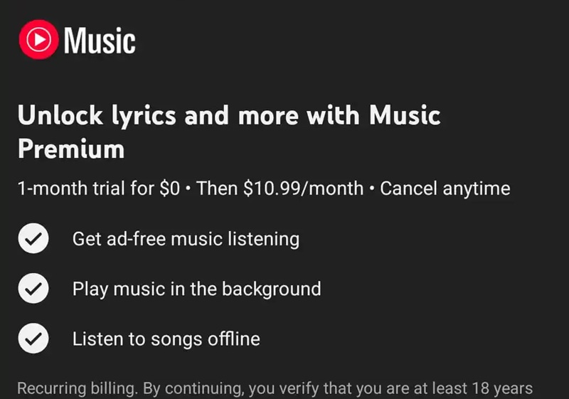 YouTube Musicで無料ユーザー向けに歌詞が非表示になった。