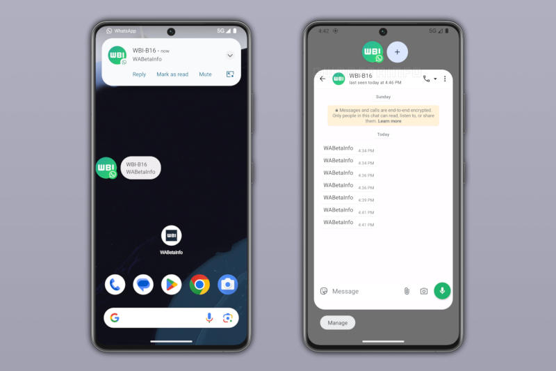 Android版WhatsAppは「バブル」をサポートし始めます――システム通知の珍しい形式です。